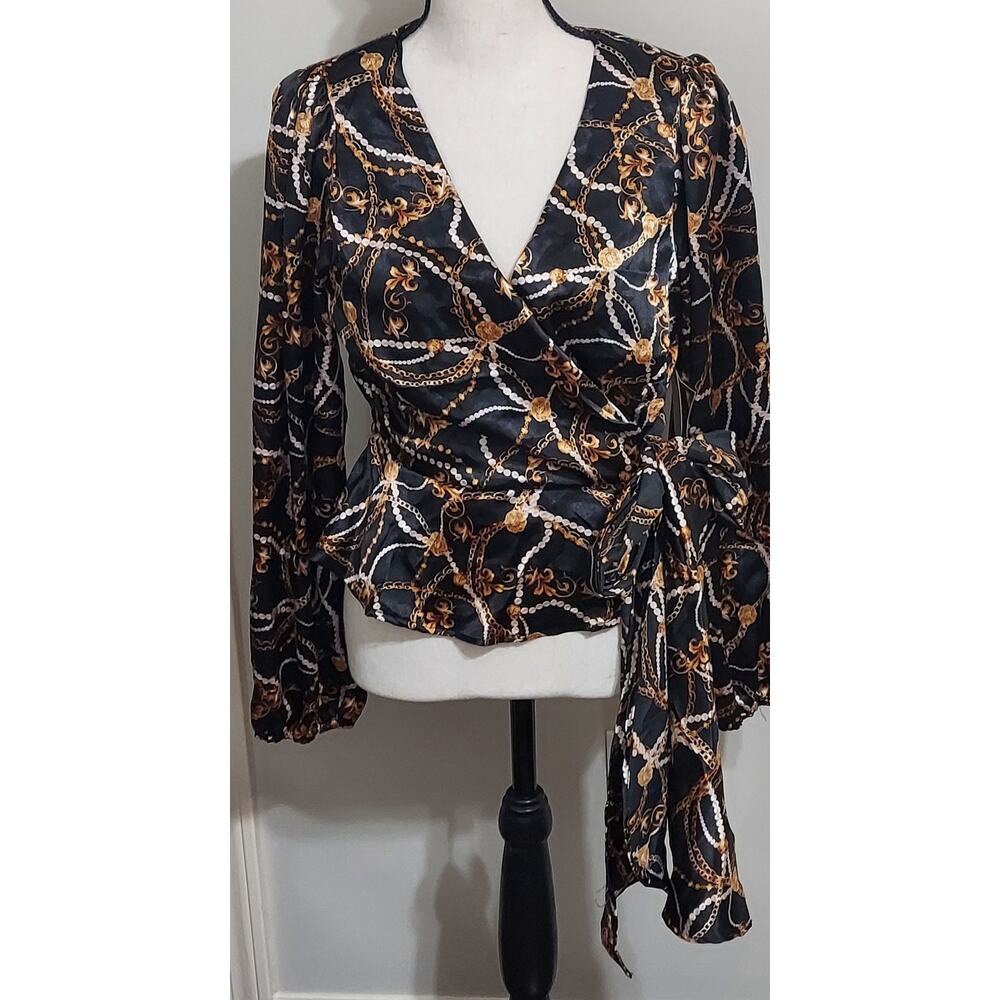 NWT Meraki Black Gold Baroque Chain Print Peplum Wrap Blouse Size Large Glam